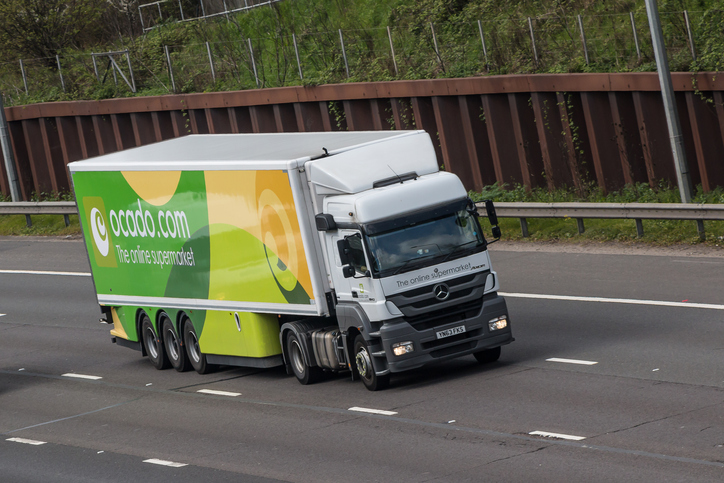 Ocado lorry in motion on the motorway